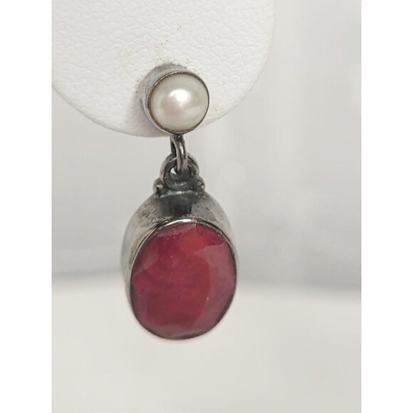 Ross-Simons SS Black Rhodium Oval Pink Ruby Drop Pierced Earrings Faux Pearl - Picture 3 of 11